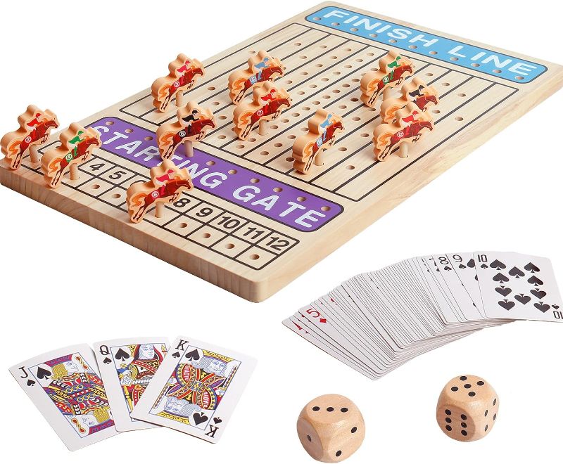 Photo 1 of Horse Racing Board Game Wooden Challenge Toy Poker with 11 Durable Horses Dice & Cards for Kids Family Game Brain Teaser Gamble Game Chess
