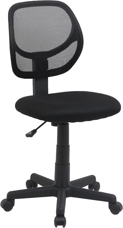 Photo 1 of Amazon Basics Low-Back, Upholstered Mesh, Adjustable, Swivel Computer Office Desk Chair, Black, 21.25"D x 22.5"W x 38"H
