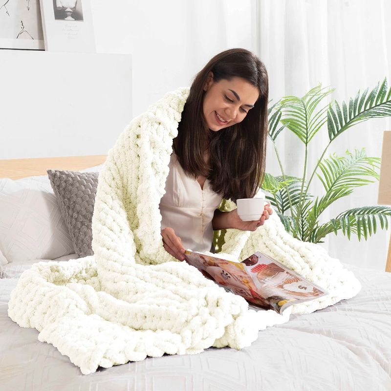 Photo 1 of Chunky Knit Blanket Chenille Throw - Warm Soft Cozy for Sofa Bed Boho Home Decor (Ivory 24x16 in)
