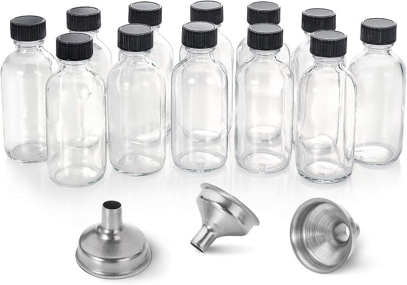 Photo 1 of 12 Pack, 2 oz Small Clear Glass Bottles with Lids & 3 Stainless Steel Funnels - 60ml Boston Sample Mini Travel Essential Bottles for Potion, Juice, Wellness, Ginger Shots, Whiskey, Liquids
