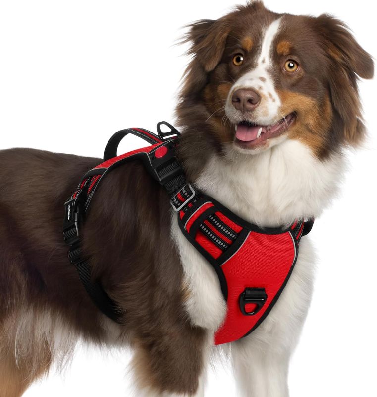 Photo 1 of  Dog Harness for Large Dogs, No Pull Pet Harness with Soft Padded Handle, Adjustable Reflective Vest with 3 Buckles, Easy Walking Harness with 2 Leash Clips, Red, XL
