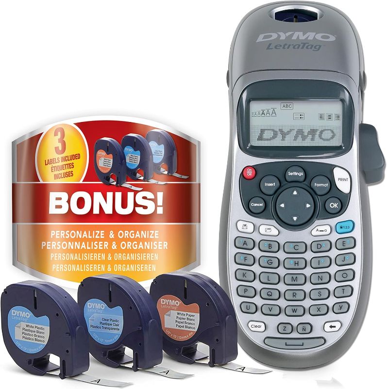 Photo 1 of DYMO Label Maker with 3 Bonus Labeling Tapes | LetraTag 100H Handheld Label Maker & LT Label Tapes, Easy-to-Use, Great for Home & Office Organization
