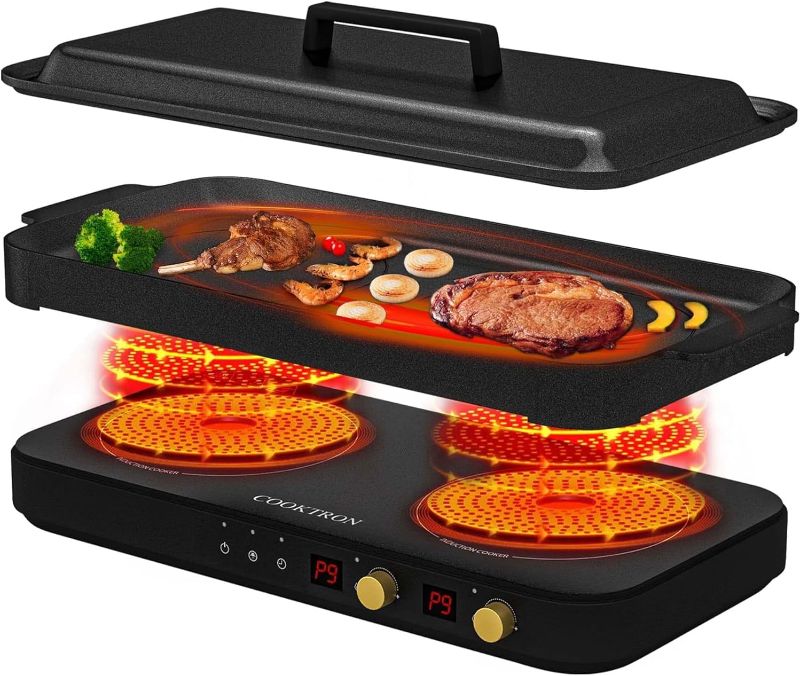 Photo 1 of Portable Induction Cooktop 2 Burner with Removable Iron Cast Griddle Pan Non-stick, 1800W Double Induction Cooktop with Child Safety Lock & Time, Great for Family Party
