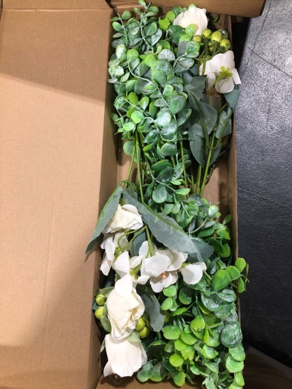 Photo 2 of 2 Pcs Artificial Flowers Bouquet with Silk Roses Plastic Eucalyptus Berries, Fake Plant Faux Floral Arrangements for Home Indoor Wedding Table Centerpieces Vase Decoration (White)