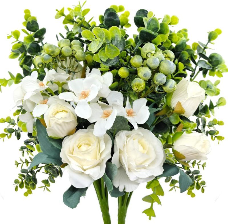 Photo 1 of 2 Pcs Artificial Flowers Bouquet with Silk Roses Plastic Eucalyptus Berries, Fake Plant Faux Floral Arrangements for Home Indoor Wedding Table Centerpieces Vase Decoration (White)