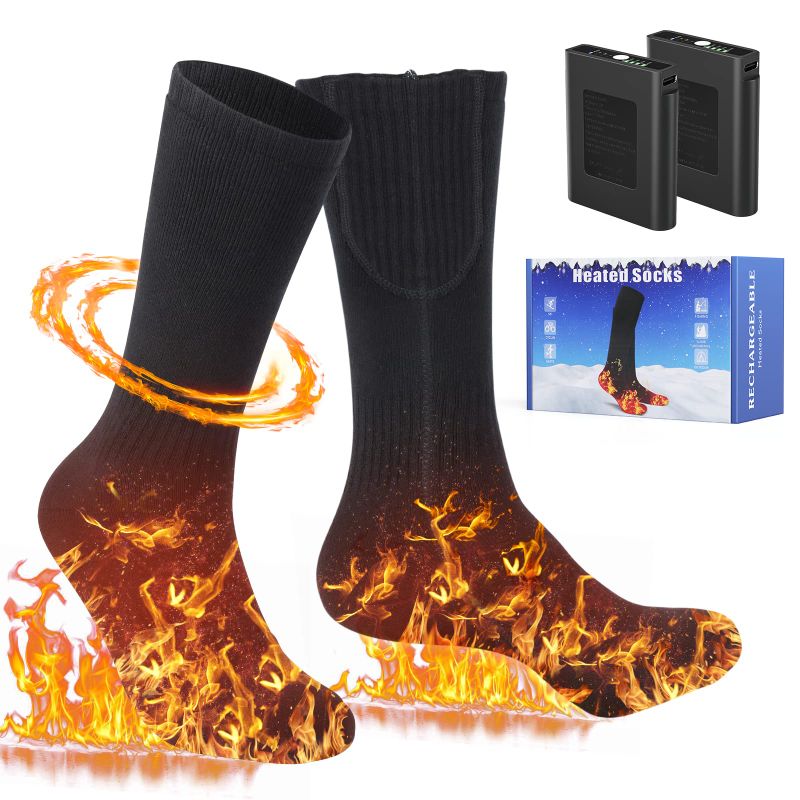 Photo 1 of Heated Socks for Men Women, Upgraded 5V 6000mAh Thermostatic Control Rechargeable Battery Powered Heated Socks Women, Washable Electric Socks for Indoor Outdoor Skiing Camping(6-14US) Double Side