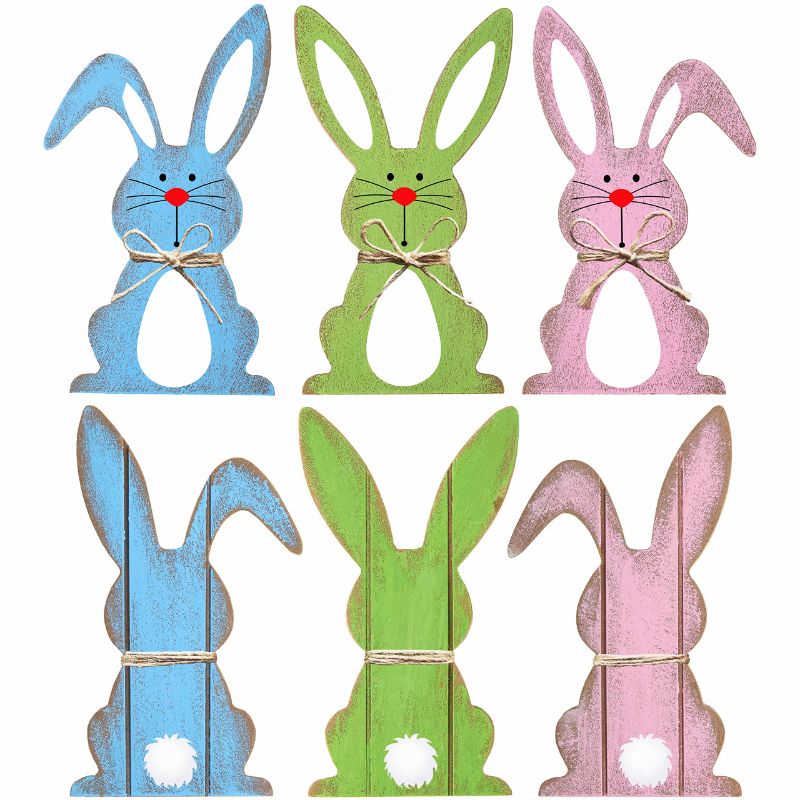 Photo 1 of 3 Pieces Easter Bunny Wooden Signs Easter Decorations Easter Farmhouse Rabbit Shaped Wooden Tabletop Centerpieces Freestanding Tabletop Decor for Spring Easter Home Office Gift