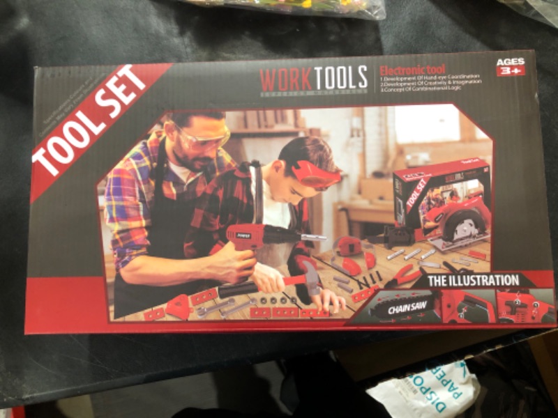 Photo 1 of Mathea Kids Tool Set - Pretend Play, Electronic Safe and Realistic Chainsaw Drill Circular Saw with Goggles, 36 PCS Toy Tool Set for Toddlers Boys Girls Age 3-12 Years Old