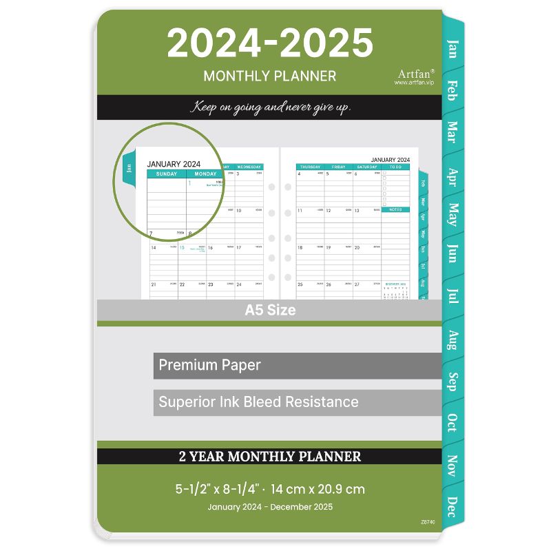 Photo 1 of 2024-2025 Monthly Planner Refills - Monthly Planner Refills 2024-2025 from Jan.2024 to Dec.2025, 5-1/2" x 8-1/2", A5 Planner Refills, 2024-2025 Weekly & Monthly Planner Refills with 7-Hole Punched - Green