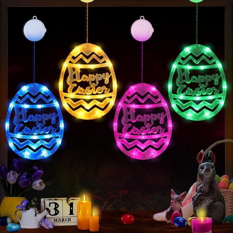 Photo 1 of [Timer] 4 Pack Easter Egg Window Lights, Easter Eggs Decorations Lights with Suction Cup, Easter Lights Battery Operated Easter Window Decorations for Home Indoor Easter Party Decor