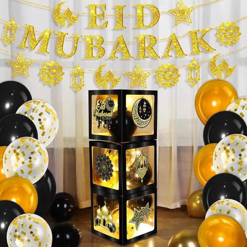 Photo 1 of Capoda 57 Pcs Eid Mubarak Party Decorations Set, Eid Mubarak Banners Ramadan Eid Balloons Boxes with Light Strings Eid Ramadan Moon Star Decor for Eid Al Fitr Party Islam Favor Indoor Outdoor Supplies