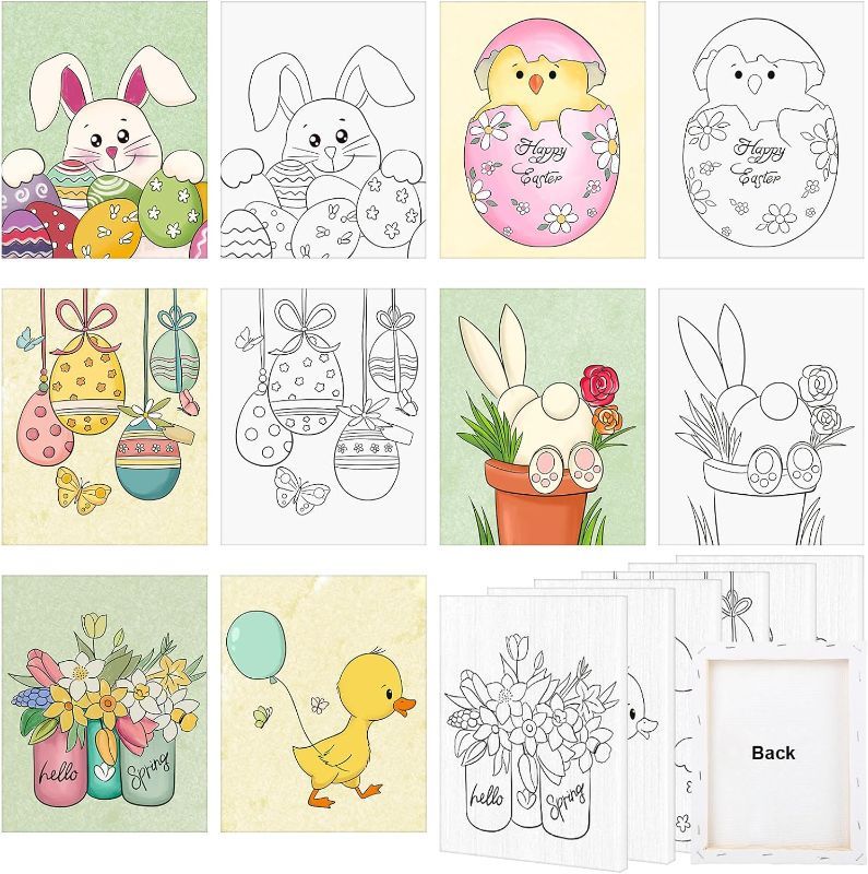 Photo 1 of 8x10 Inches Easter Bunny Egg Pre Drawn Canvas to Paint for Adults Kids Sip and Paint Party, Pre Sketched Canvases for Painting, Bunnies Colorful Eggs Pre Printed Canvas (Pack of 6, Cute)
