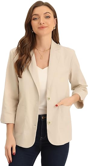 Photo 1 of Allegra K Causal Linen Blazer for Women's Notched Lapel Collar 3/4 Sleeves Office Work Suit Jacket SIZE L