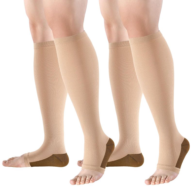 Photo 2 of bropite Open Toe Compression Socks for Men & Women - 2 Pairs of 15-20 mmhg Knee High Stockings for Circulation Support Large-X-Large Nude Copper