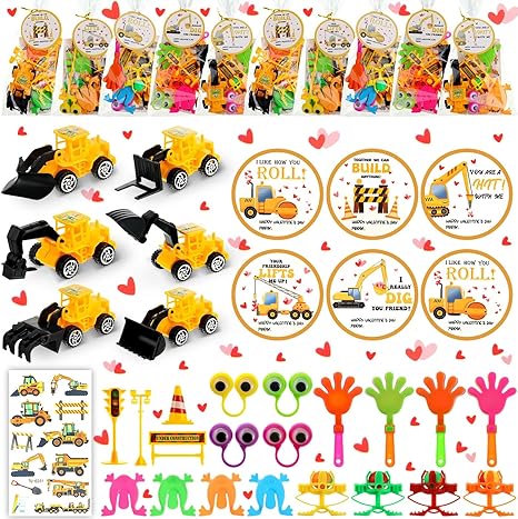 Photo 2 of 184 Pack Construction Valentines Party Toys for Kids Valentines Day Gift for Kids Classroom Include Construction Vehicle Excavator Stickers Cards for Valentine's Classroom Kids Exchange Prize
