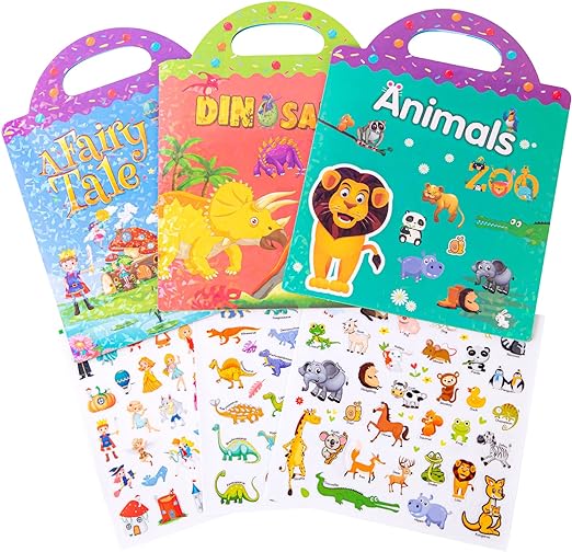 Photo 1 of Reusable Sticker Books for Kids 2-4,3 Sets Animals Dinosaur A Fairy Tales Sticker Activity Quiet Busy Books for Toddler,Preschool Educational Learning Toys Travel Gift for Girls Boys
