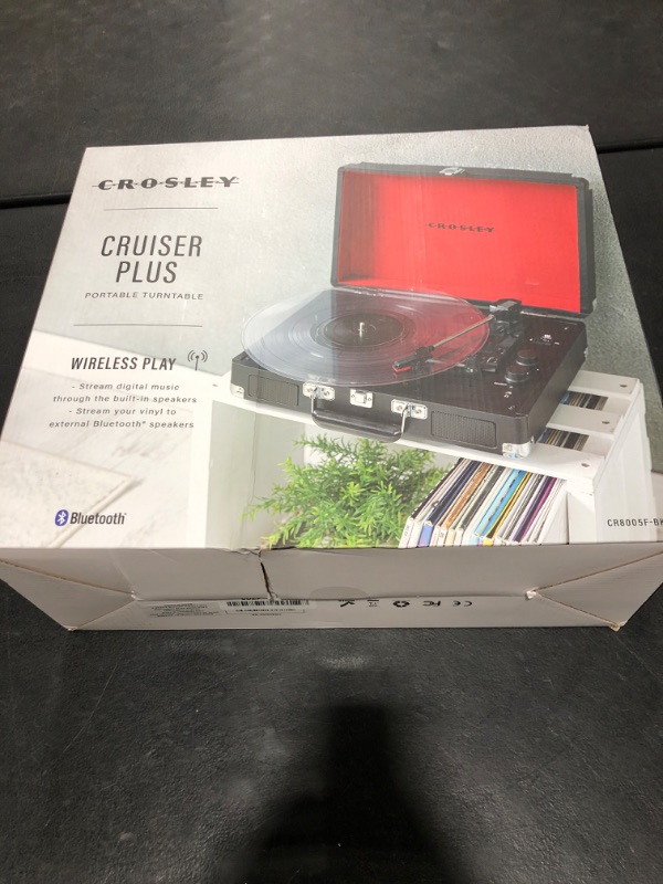 Photo 2 of Crosley CR8005F-BK Cruiser Plus Vintage 3-Speed Bluetooth in/Out Suitcase Vinyl Record Player Turntable, Black/Red Bluetooth In/Out Black/Red