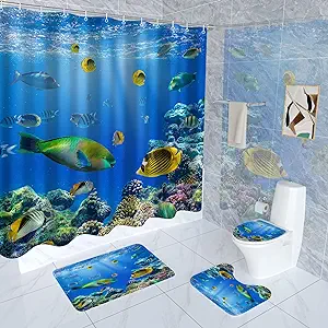 Photo 1 of Blmiflwe 4 Pcs Under The Sea Shower Curtain Set, Cartoon Fish Shower Curtain Sets with Rugs, Toilet Seat Cover, Hook, Ocean Bathroom Decor with Shower Curtain, 72 X 72 Inch, Waterproof, Non-Slip