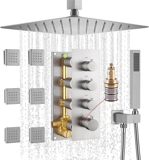 Photo 1 of MONDAWE 12 In Thermostatic Shower System, Ceiling Mounted High Pressure Shower Head with Handheld,6 Body Jets, Bathroom Shower Faucet Set in Brushed Nickel