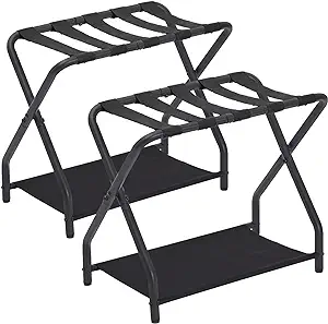 Photo 1 of AMHANCIBLE Luggage Rack, Set of 2, Foldable Suitcase Stands for Guest Room, Metal Luggage Holder with Storage Shelf for Bedroom, Hotel, Easy Assemble, Black HLR02BK