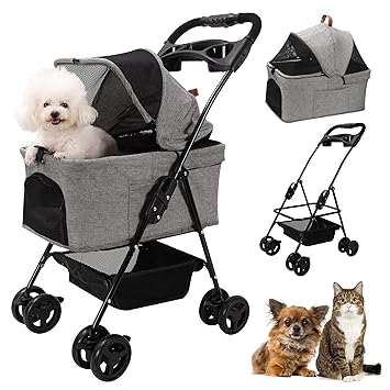 Photo 1 of Dog Stroller Foldable Detachable Cat Stroller Dog Strollers for Small Dogs 4 Wheels Rotate 360 Degrees with Brakes, with Storage Basket and Cup Holder, Suitable for Small and Medium-Sized Cats, Dogs