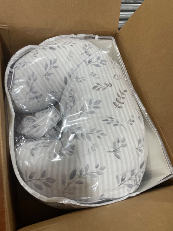 Photo 1 of Boppy Nursing Pillow—Best Latch | Plus-Sized Breastfeeding Pillow with Belt Designed with Lactation Consultants | Fits All Body Types | Machine Washable| Leaf Stripe and Soft Textured Gray Gray Leaf Stripe