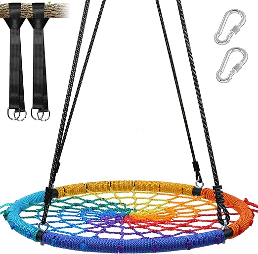 Photo 1 of Trekassy 750 lb Spider Web Saucer Swing 40 inch for Tree Kids with Steel Frame and 2 Hanging Straps-Rainbow