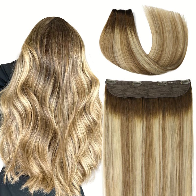 Photo 1 of VINBAO Human Hair Extensions Wire Hair 20in 85g Hairpiece Dark Brown Fading to Ash Brown Mixed Blonde Human Hair Extensions Straight Hair Clip in Wire Extensions 