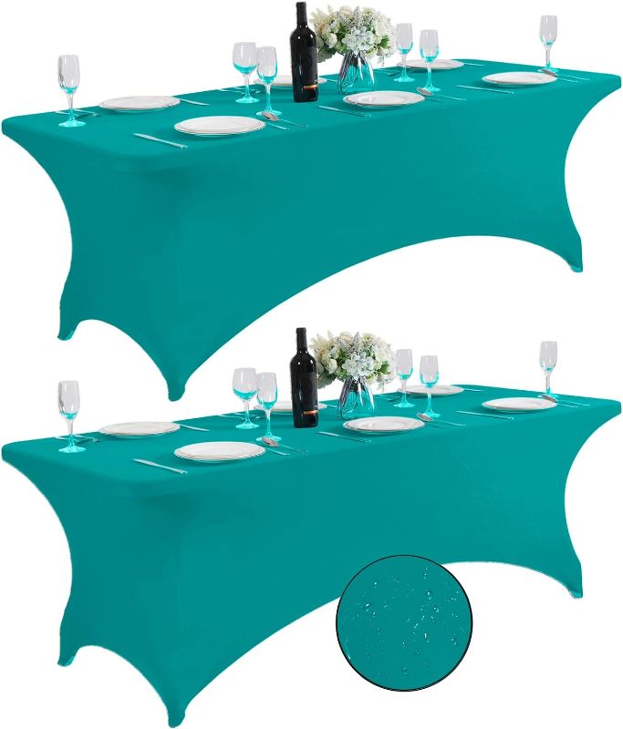 Photo 1 of SUPERO 2Pack Waterproof Spandex Table Cover for 8FT Table Universal Fitted Stretch Tablecloth for Party, Banquet, Wedding and Events-Turquoise
