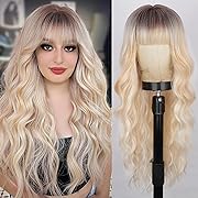 Photo 1 of Lativ Blonde Wig With Bangs Long Wavy Ombre Blonde Wig with Dark Root for Women Curly Synthetic Heat Resistant Fiber Wigs for Girls Daily Party Use 26 Inches
