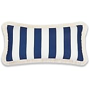 Photo 1 of Hofdeco Premium Coastal Patio Indoor Outdoor Long Lumbar Pillow Cover Only, 12"x26" Water Repellent for Backyard, Couch, Navy Blue Stripes with Fringe
