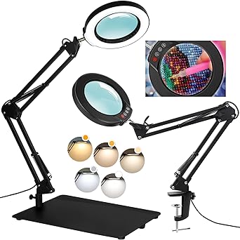 Photo 1 of 10X Magnifying Glass with Light and Stand, Krstlv 5 Color Modes Stepless Dimmable, Adjustable LED Desk Lamp with Swing Arm and Clamp, 2-in-1 Lighted Magnifier Hands Free for Close Work, Reading, Hobby