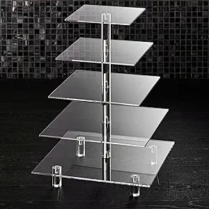 Photo 1 of 5 Tier Square Cupcake Stand Holder - Extra Thick 5mm Base - Clear Acrylic Tower - Tiered Dessert Display - for Cakes, Pastries, Weddings, Graduation, Birthday Party