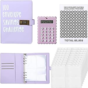 Photo 1 of 100 Envelopes Money Saving Challenge Binder Kit with Mini Calculator, A5 Budget Binder Book Organizer with Cash Envelopes for 100 Day to Save $5,050 Budgeting Money Saving(Purple)