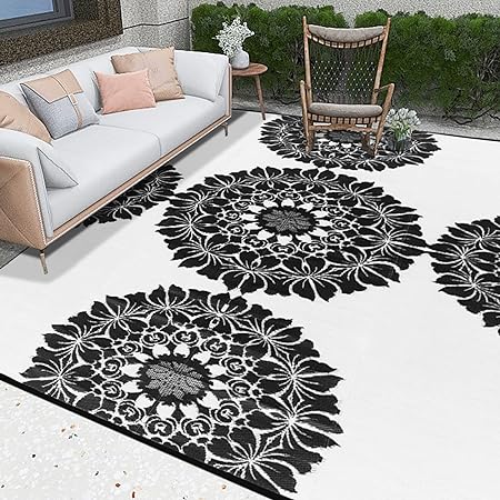 Photo 1 of Outdoor Rugs Vintage Floral Plastic Straw Rug Waterproof Indoor Outdoor Carpet Large Portable Reversible Patio Rug for Camping,RV,Backyard,Deck,Picnic,Trailer,Black & White,9'x12'