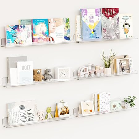 Photo 1 of Fixwal Clear Acrylic Floating Shelves, 15 Inch Wall Mounted Wavy Shelves, Set of 6 Floating Bookshelves for Kid's Room and Nursery