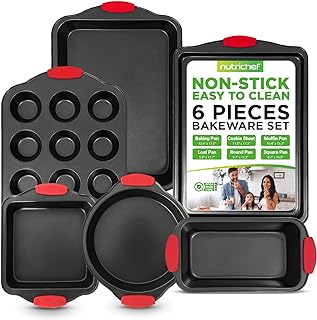Photo 1 of NutriChef 6-Piece Nonstick Bakeware Set - Carbon Steel Baking Tray Set w/ Heatsafe Red Silicone Handles, Oven Safe Up to 450°F, Loaf Muffin Round/Square Pans, Cookie Sheet, Baking Pan -NCSBS6S,Black

