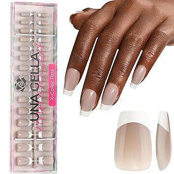 Photo 1 of UNA GELLA Short Coffin French Tip Nails-4 IN 1 Short Coffin Soft Gel Nail Tips French Fake Nails 150PCS Stylish Grey Press On (Pre-buff Top Coat&Base Coat&Tip Primer) for Faster Nail Salon 15 Size