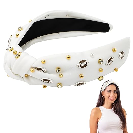 Photo 1 of CAVETEE Football Headband for Women, Wide Rhinestone Pearl Football Embellished Knotted Headband, Top Knot Hairband Headpiece Game Day Sports for Football Sports Fan Gifts (White)