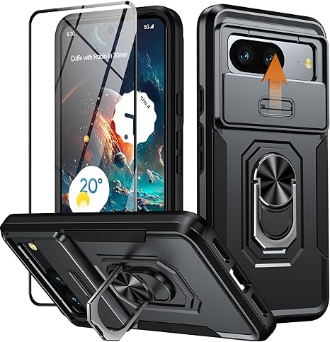 Photo 1 of for Google Pixel 8 Case, [1* Tempered Glass Screen Protector & Slide Camera Protector] Built-in Rotatable Kickstand Ring Shockproof Dual Layer Phone Case for Pixel 8 2023 - Black