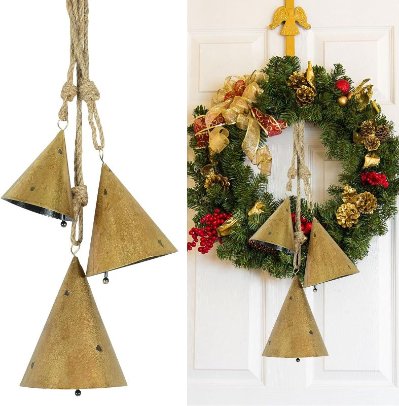 Photo 1 of Styleonme Decorative Bells, Christmas Bells, Metal Indoor and Outdoor Blessing Bells, 3-Piece Set of Harmonious Bells, Vintage Handmade and Rustic Lucky Christmas Bells Hanging on a Rope