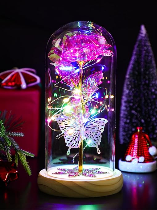Photo 1 of Womens Gifts for Mothers Day Galaxy Rose Crystal Flower Birthday Gift Light Up Flowers in Glass Dome Rainbow Rose Presents Ideas for Mom Grandma Wife Sister Friends (Pink)