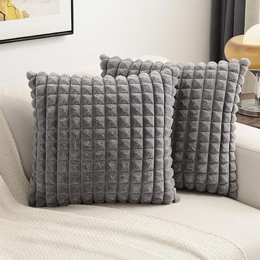 Photo 1 of Grey Decorative Throw Pillow Covers 18x18 Inch Set of 2,Square Gray Checked Cushion Case,Fluffy Faux Rabbit Fur Plaid & Soft Velvet Back,Modern Home Decor for Couch Bed