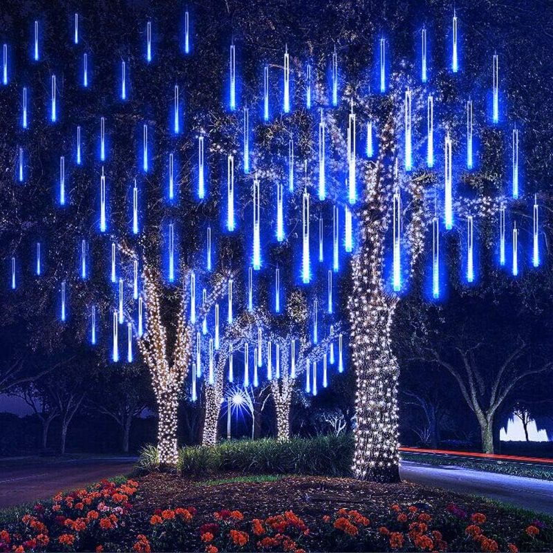 Photo 1 of LED Meteor Shower Lights, Falling Rain Drop Lights, Icicle Lights, Christmas Lights with Waterproof 11.8inch 8 Tubes for Party Wedding Halloween Christmas Decoration Outdoor Blue

