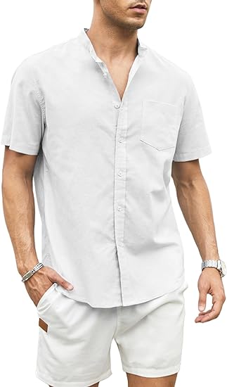 Photo 1 of JMIERR Men's Shirts Linen Short Sleeve Button Down Casual Band Collar Beach Tops with Pocket SIZE L 
