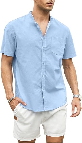 Photo 1 of JMIERR Men's Shirts Linen Short Sleeve Button Down Casual Band Collar Beach Tops with Pocket
