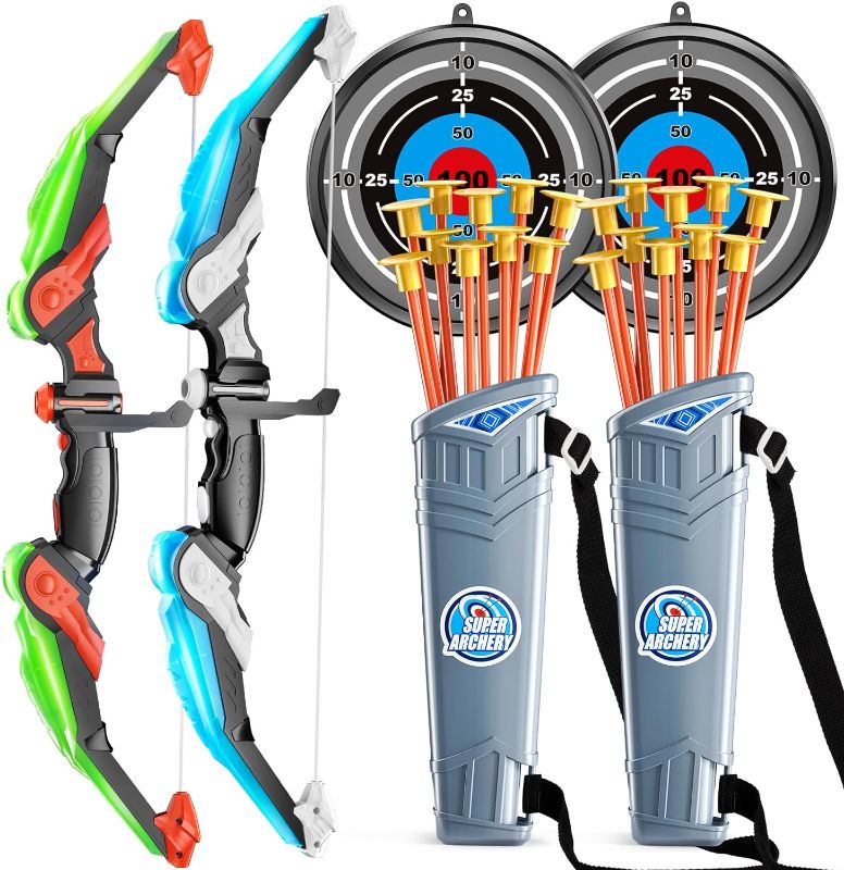 Photo 1 of TEMI 2 Pack Set Kids Archery Bow Arrow Toy Set Outdoor Hunting Play with 2 Bow 20 Suction Cup Arrows 2 Target & 2 Quiver, LED Light Up Function Toy, Outdoor Toys for Kids, Boys & Girls Ages 3-12
