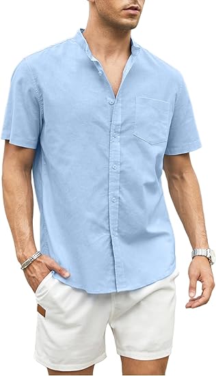 Photo 1 of  Men's Shirts Linen Short Sleeve Button Down Casual Band Collar Beach Tops with Pocket29X37