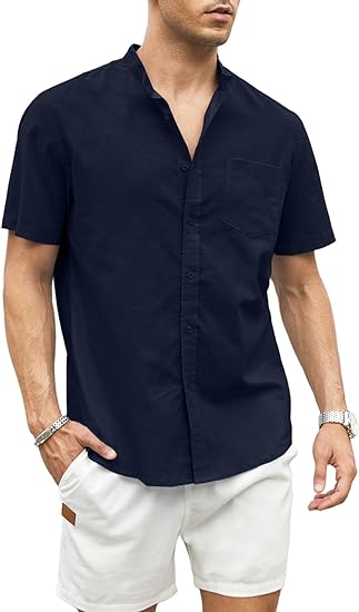 Photo 1 of  Men's Shirts Linen Short Sleeve Button Down Casual Band Collar Beach Tops with Pocket 29X37