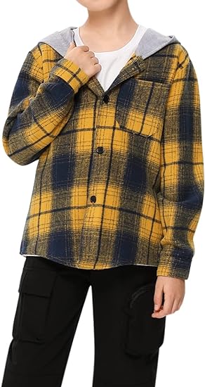 Photo 1 of Boys Girls Button Down Hooded Plaid Shirt Long Sleeve Jacket Top Fall/Winter Shirts with Hood for Kids 11-12 Years
